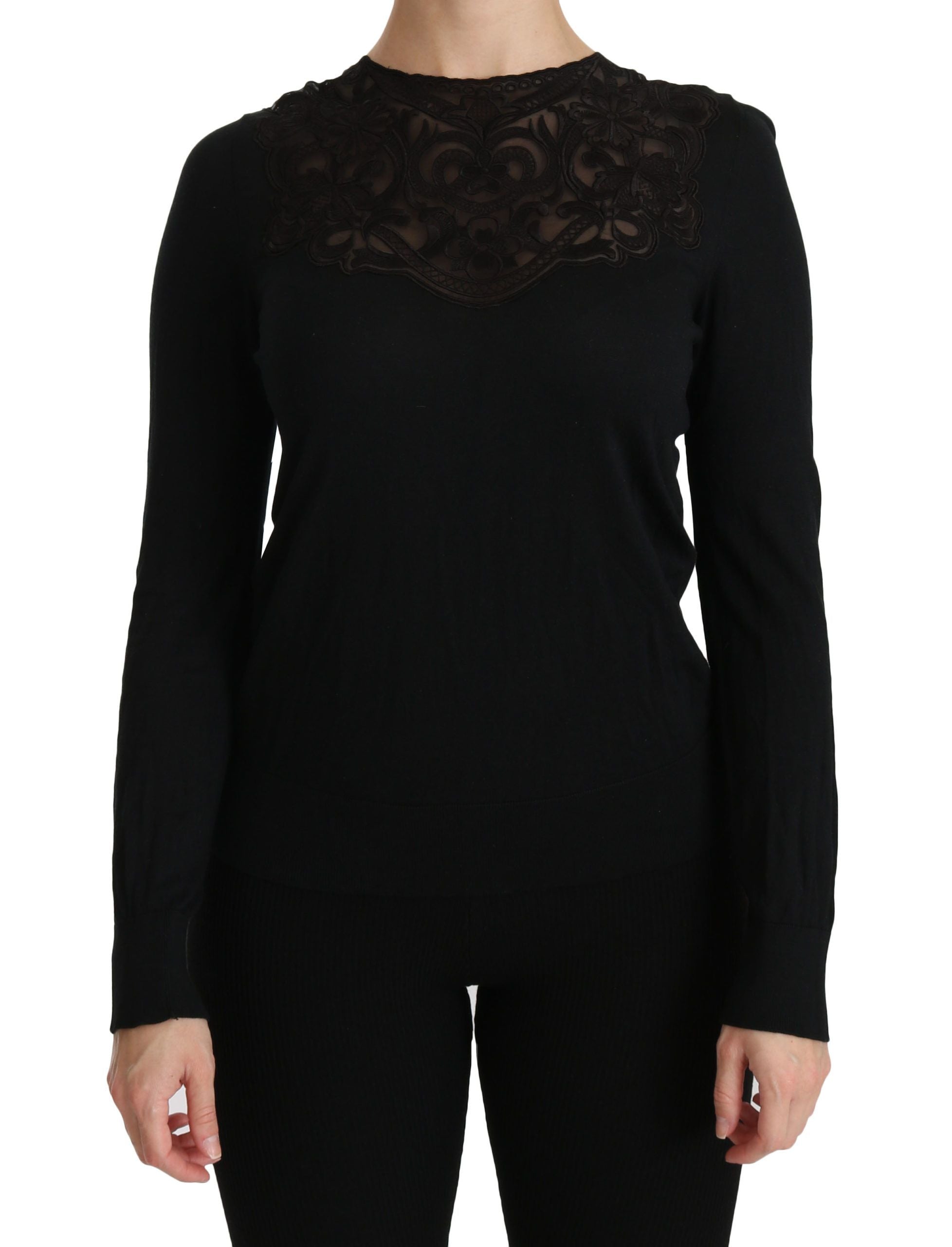 Lace-Trimmed Silk Blouse — Black
