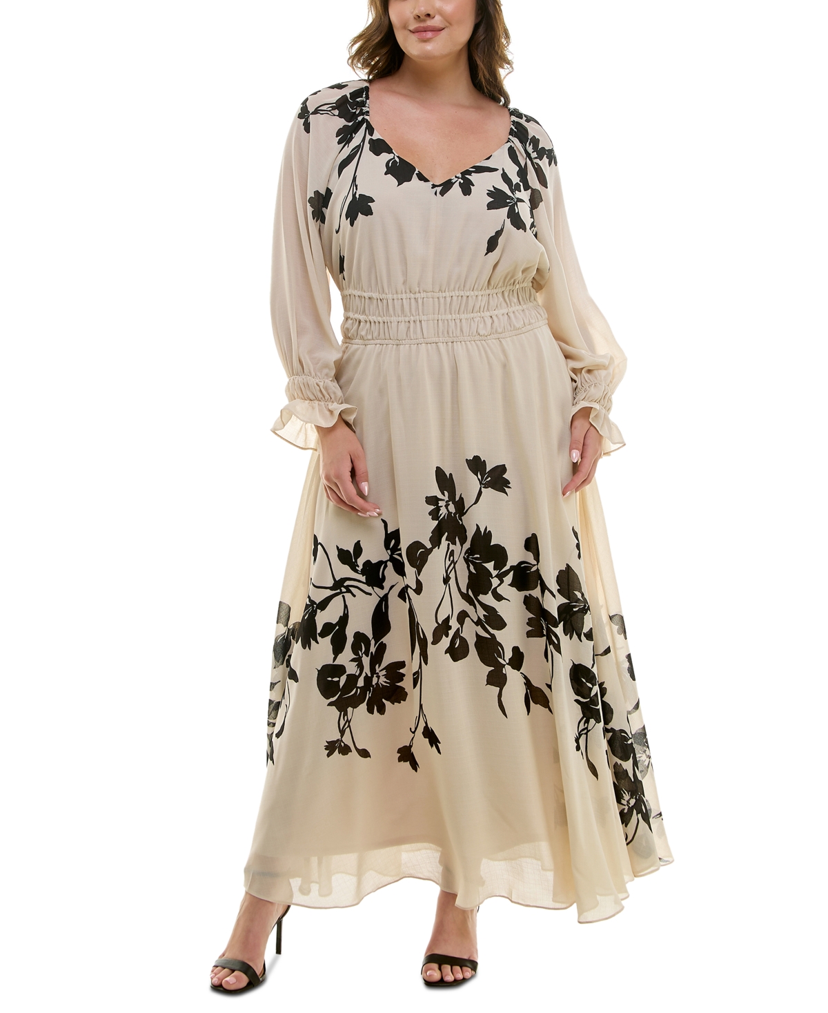 Plus Size Floral-Print Elastic-Waist Chiffon Maxi Dress - Blac Ecru