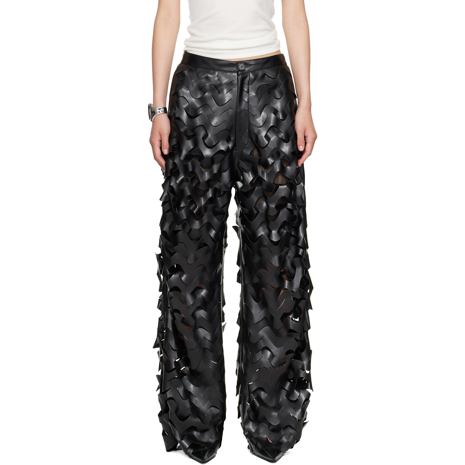 Black Laser Cut Faux-Leather Trousers