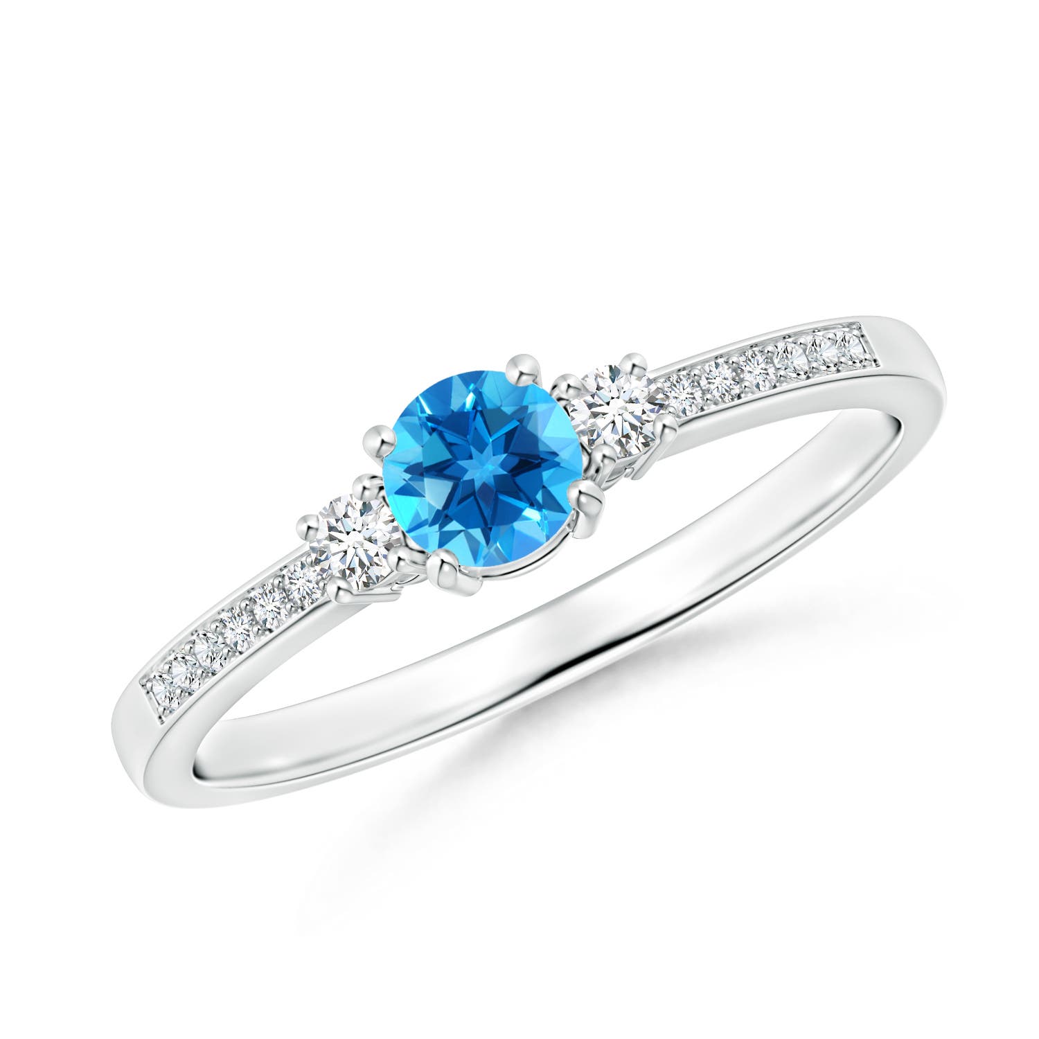 Angara 0.32 Carat Classic Three Stone Round Swiss Blue Topaz and Diamond Engagement Ring in Platinum