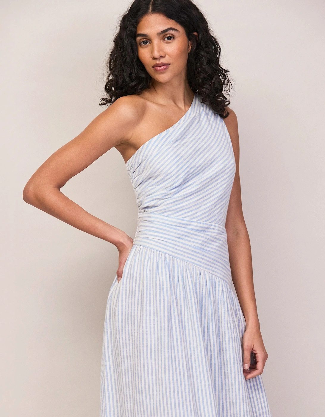 RO&ZO Women's Petite Blue And White Stripe Cotton One Shoulder Dre