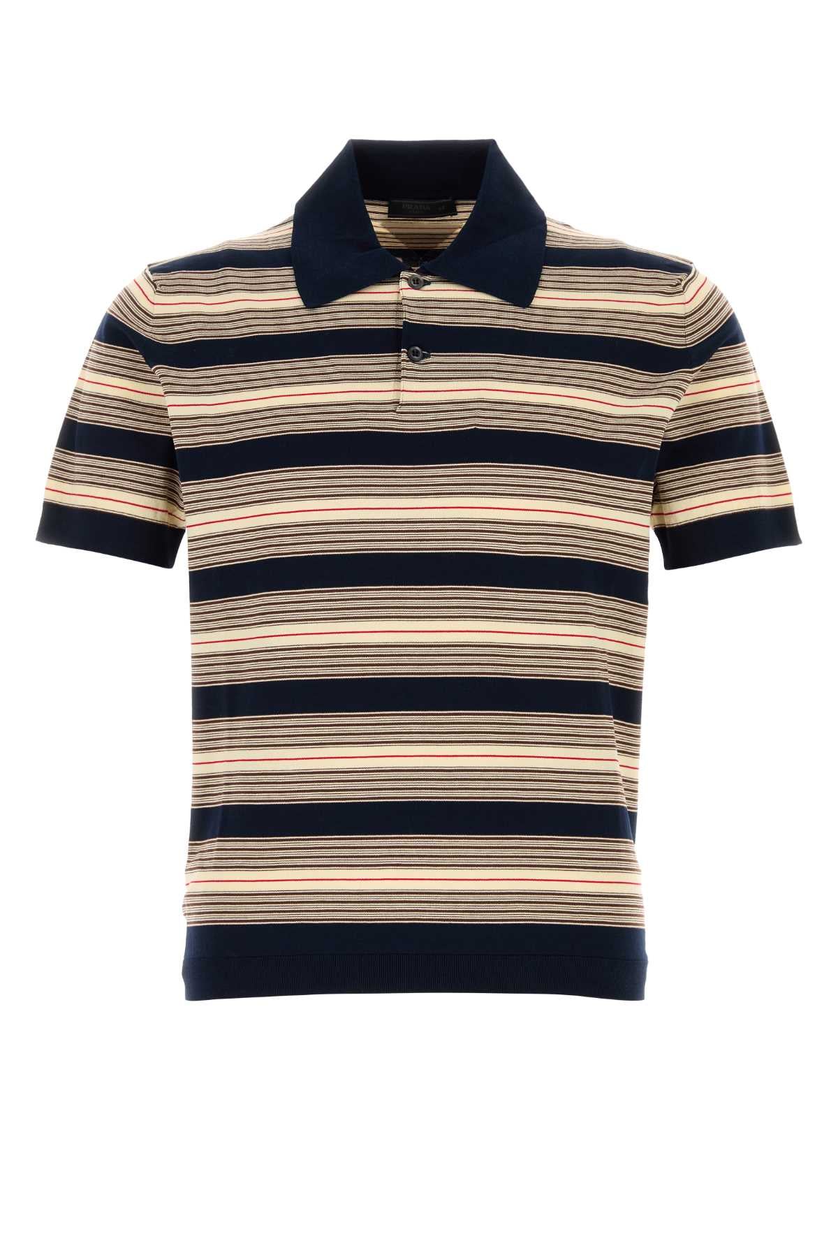 Striped Stretch Cotton Blend Polo Shirt — Navy