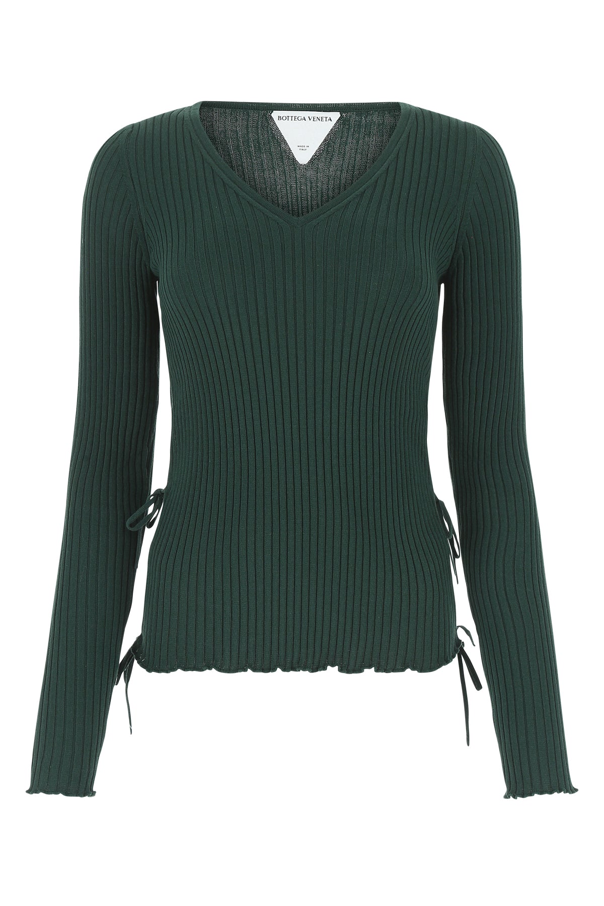 Ribbed V-Neck with Ruched Sleeves Sweater — Green