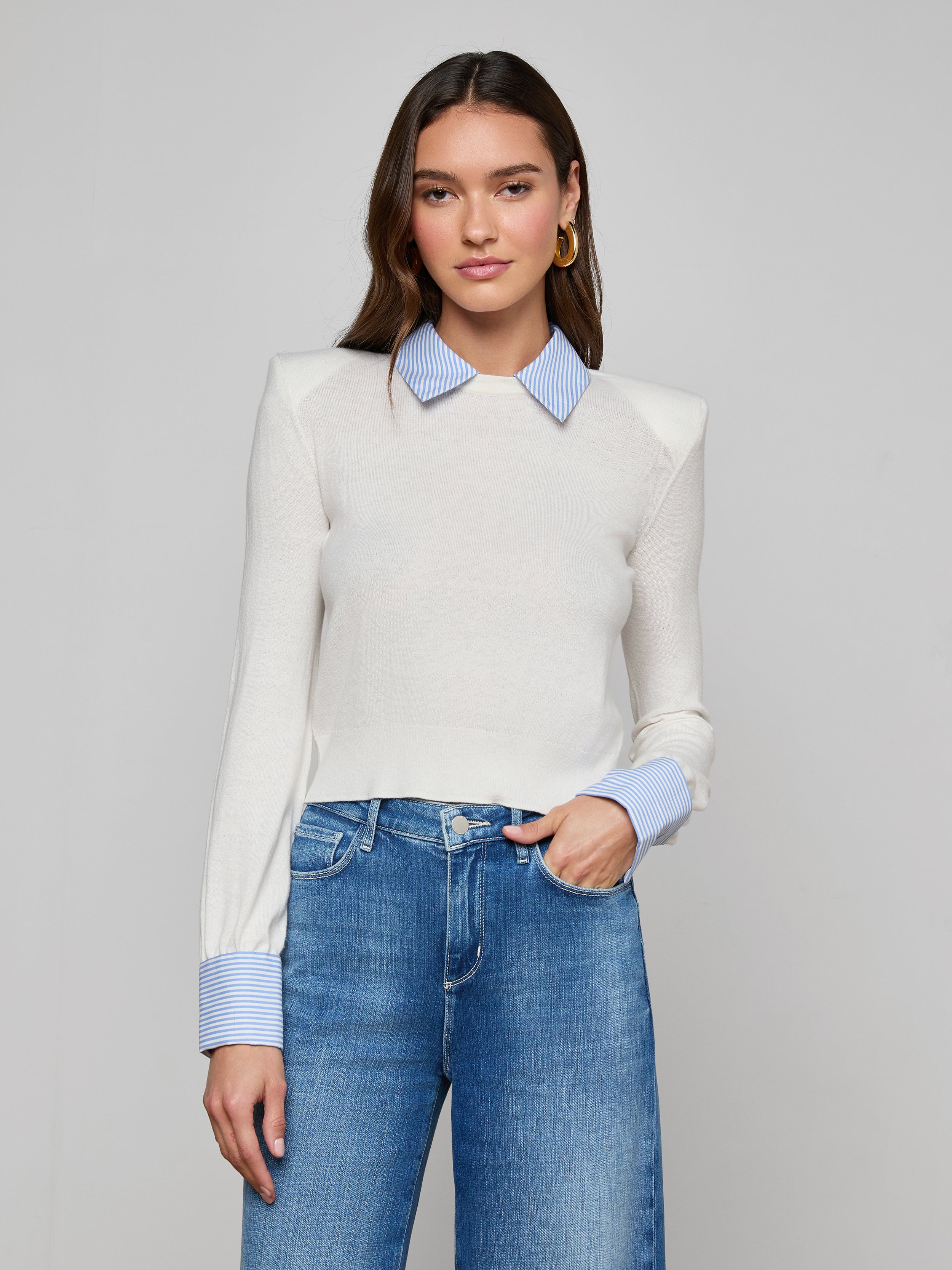 April Poplin Collar Pullover In White/blue Stripe