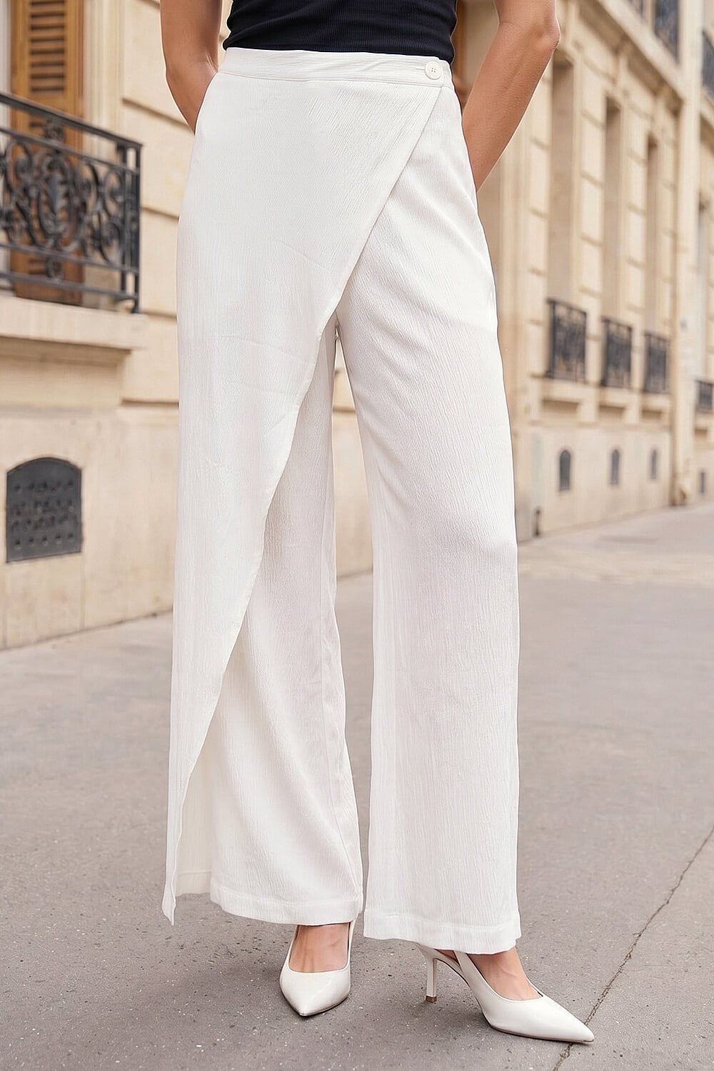 Roman Women's Petite Wrap Front Trouser in White
