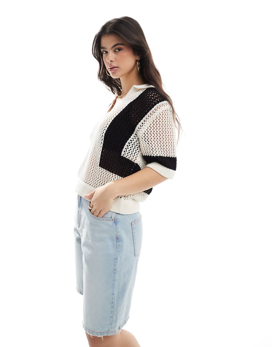 Crochet knitted shirt in cream and black-White
