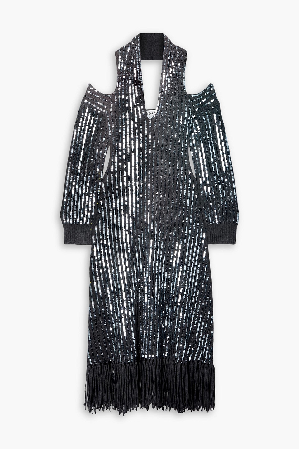 Fringed sequined merino wool halterneck midi dress