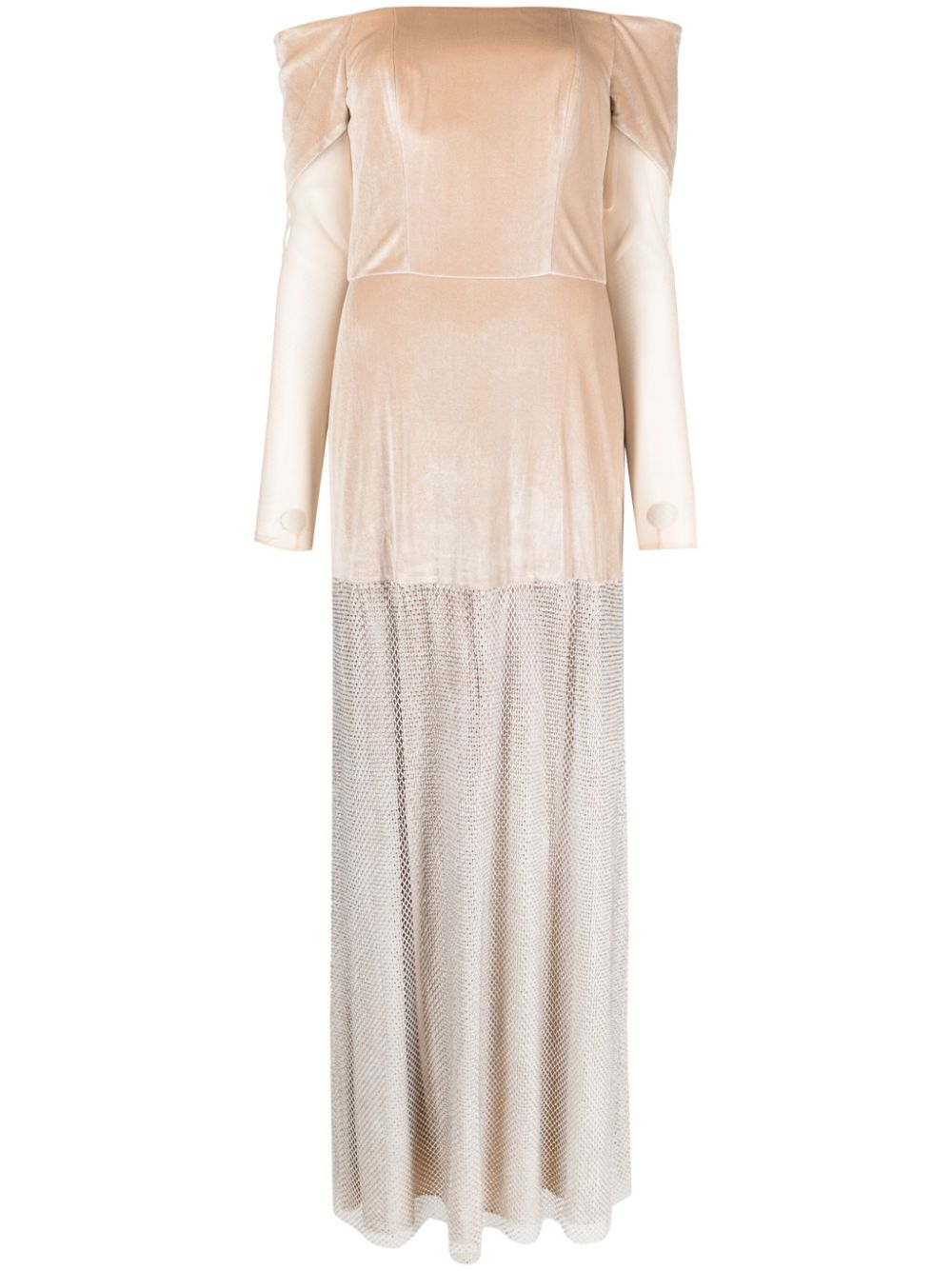 Off-shoulder rhinestone-embellished gown - Neutrals