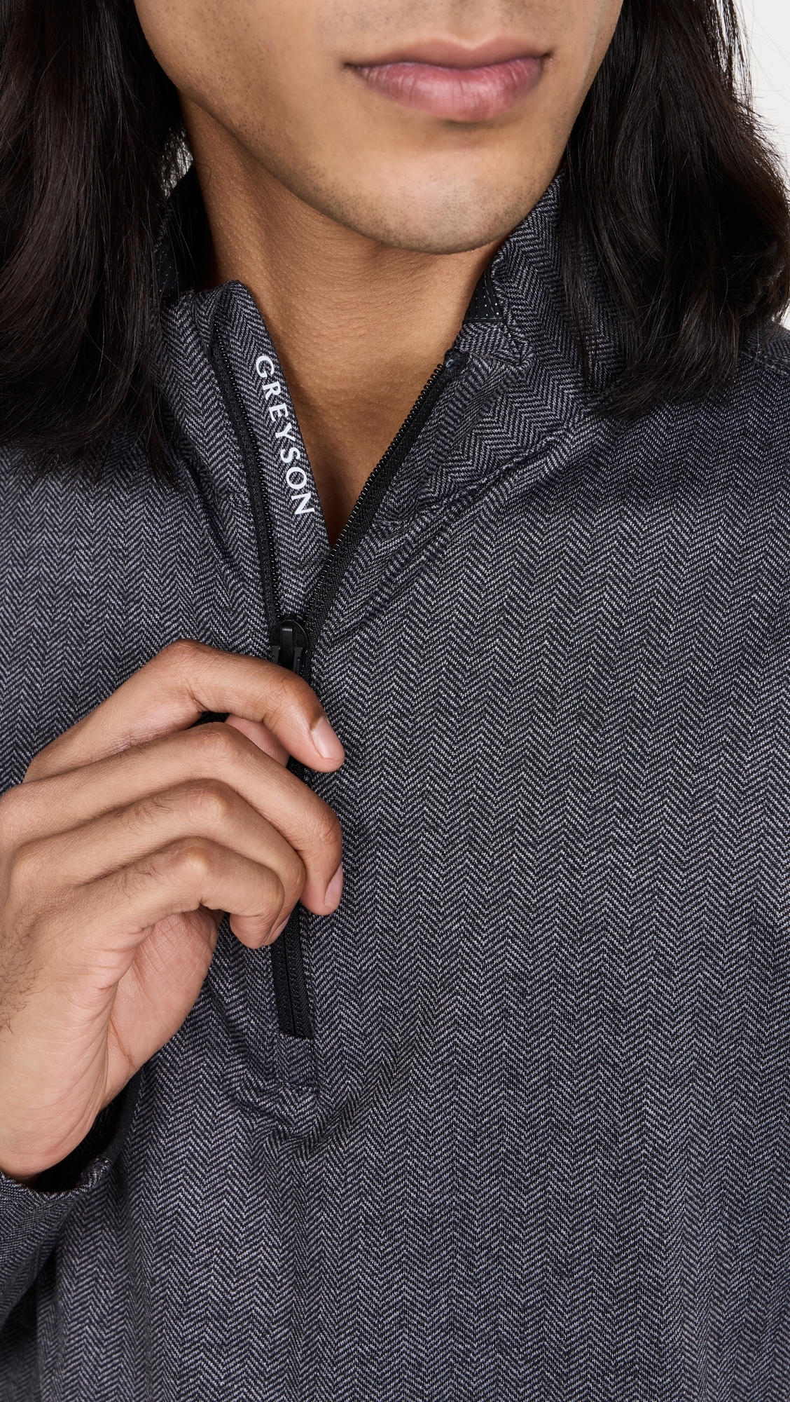 Tate Herringbone Mock Neck Quarter Zip Black Herringbone