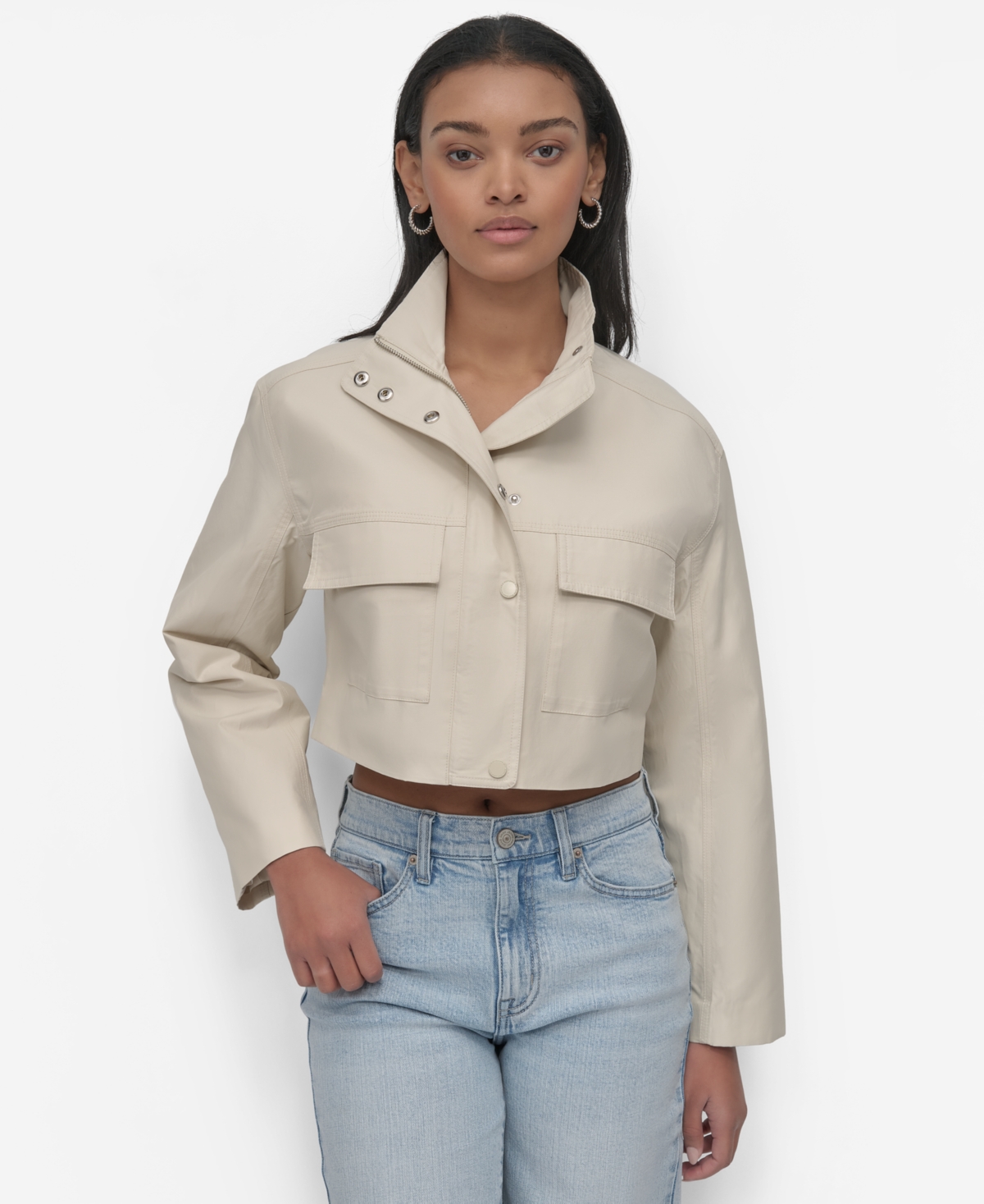 Women's Collared Cropped Utility Jacket - Light City Khaki