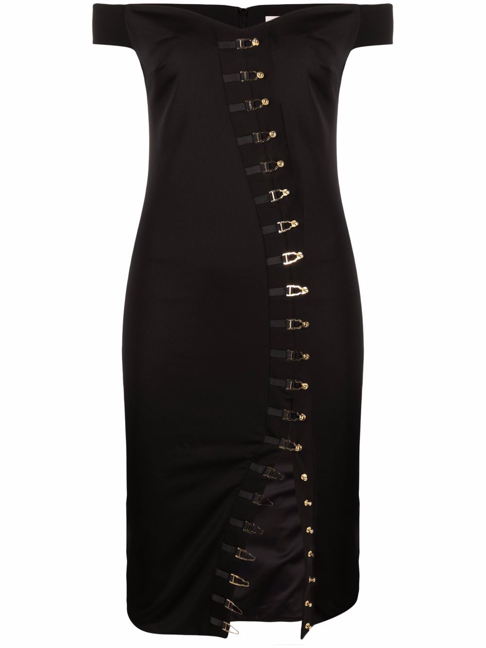 Off-shoulder hook fastening midi dress - Black