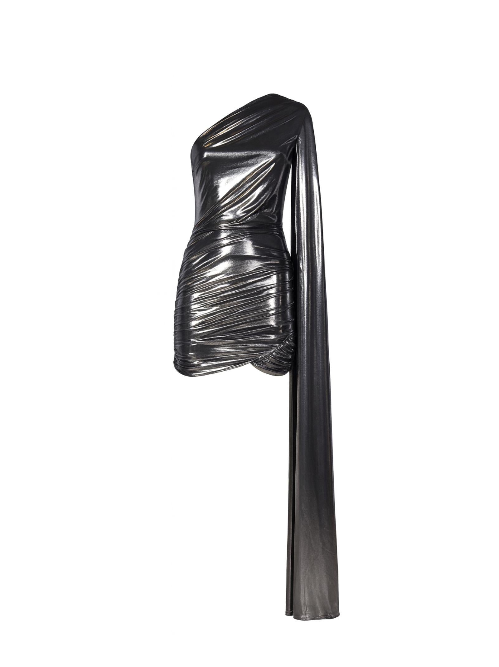 One-Shoulder Metallic Mini Dress — Silver