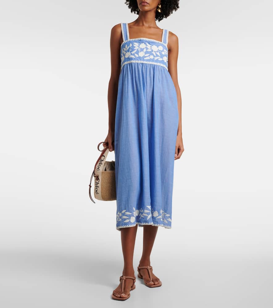 Juliet Dunn Embroidered cotton chambray midi dress