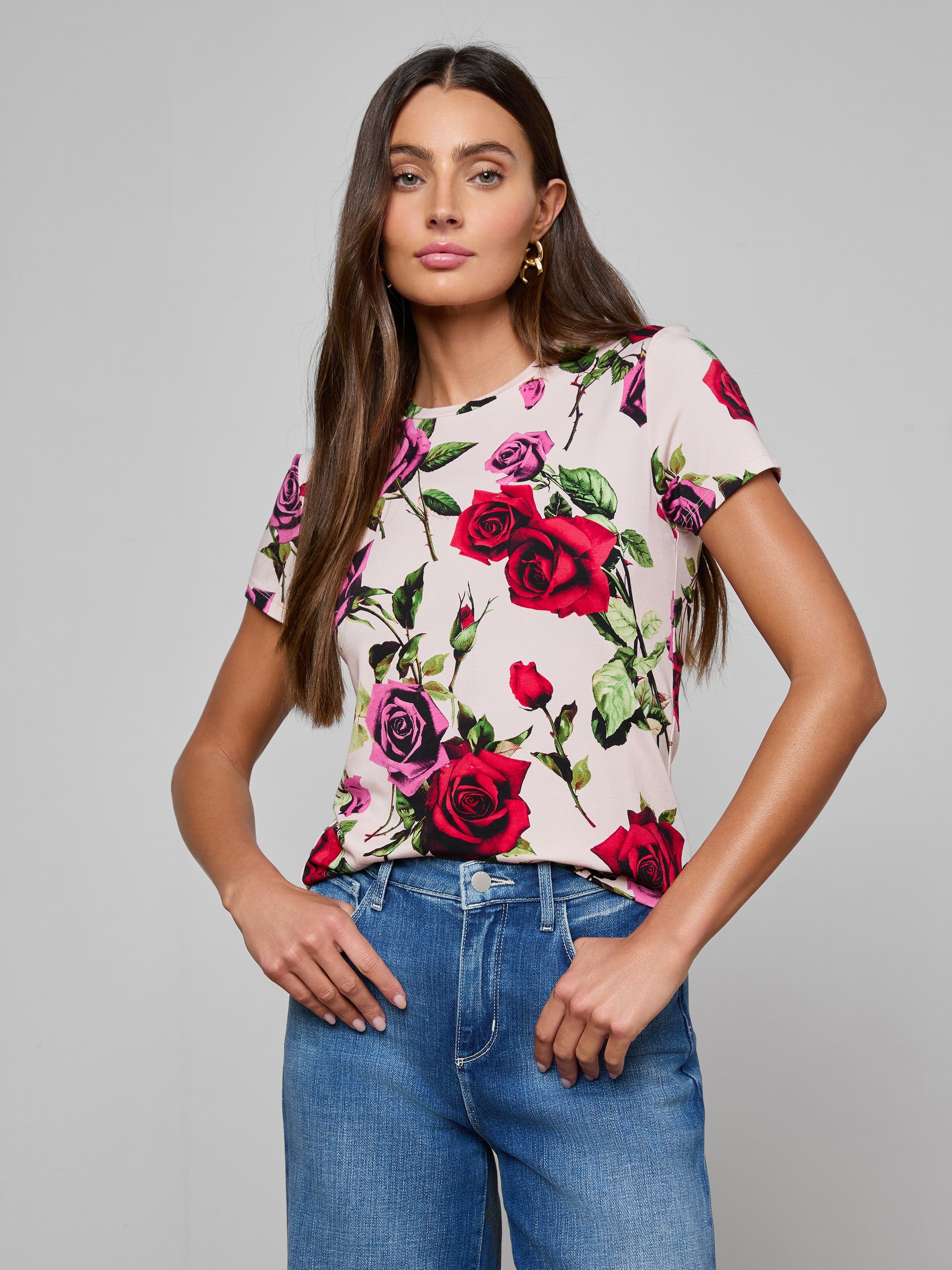 Ressi Fitted T-Shirt In Pink Multi Romantic Rose