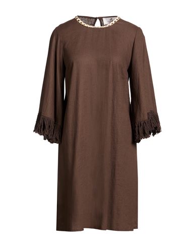 Woman Mini dress Chocolate brown Size M Linen, Viscose