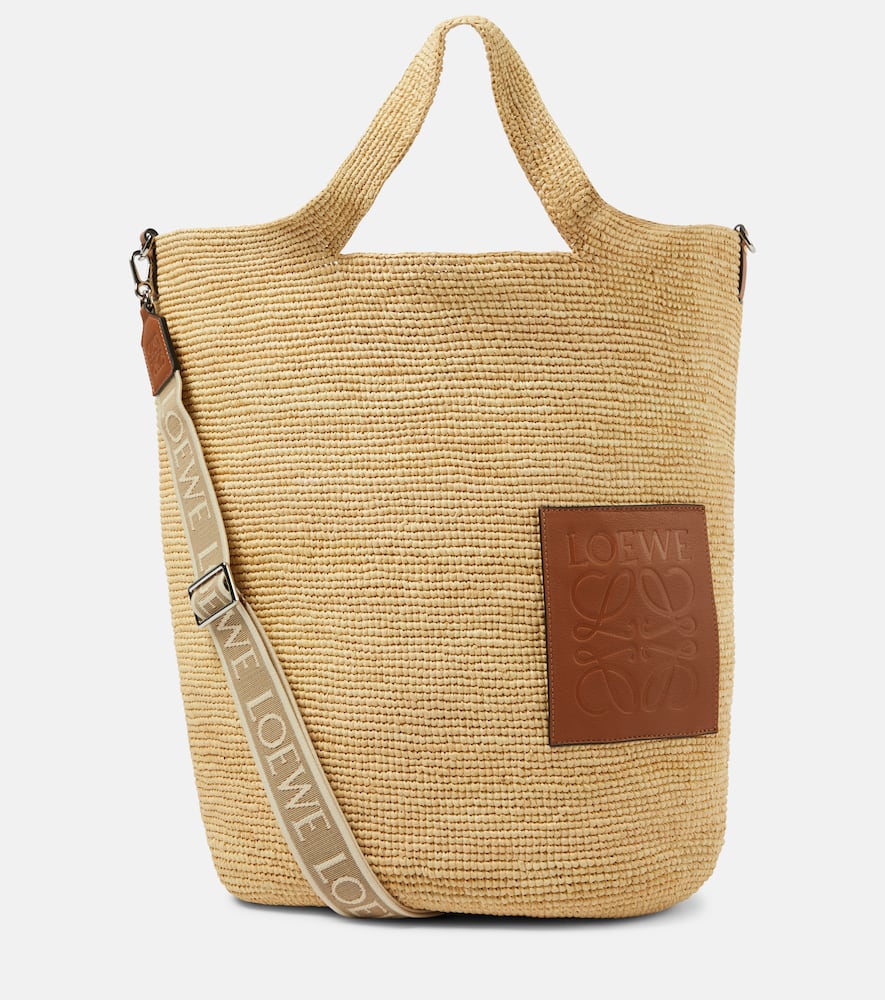 Large leather-trimmed raffia tote bag