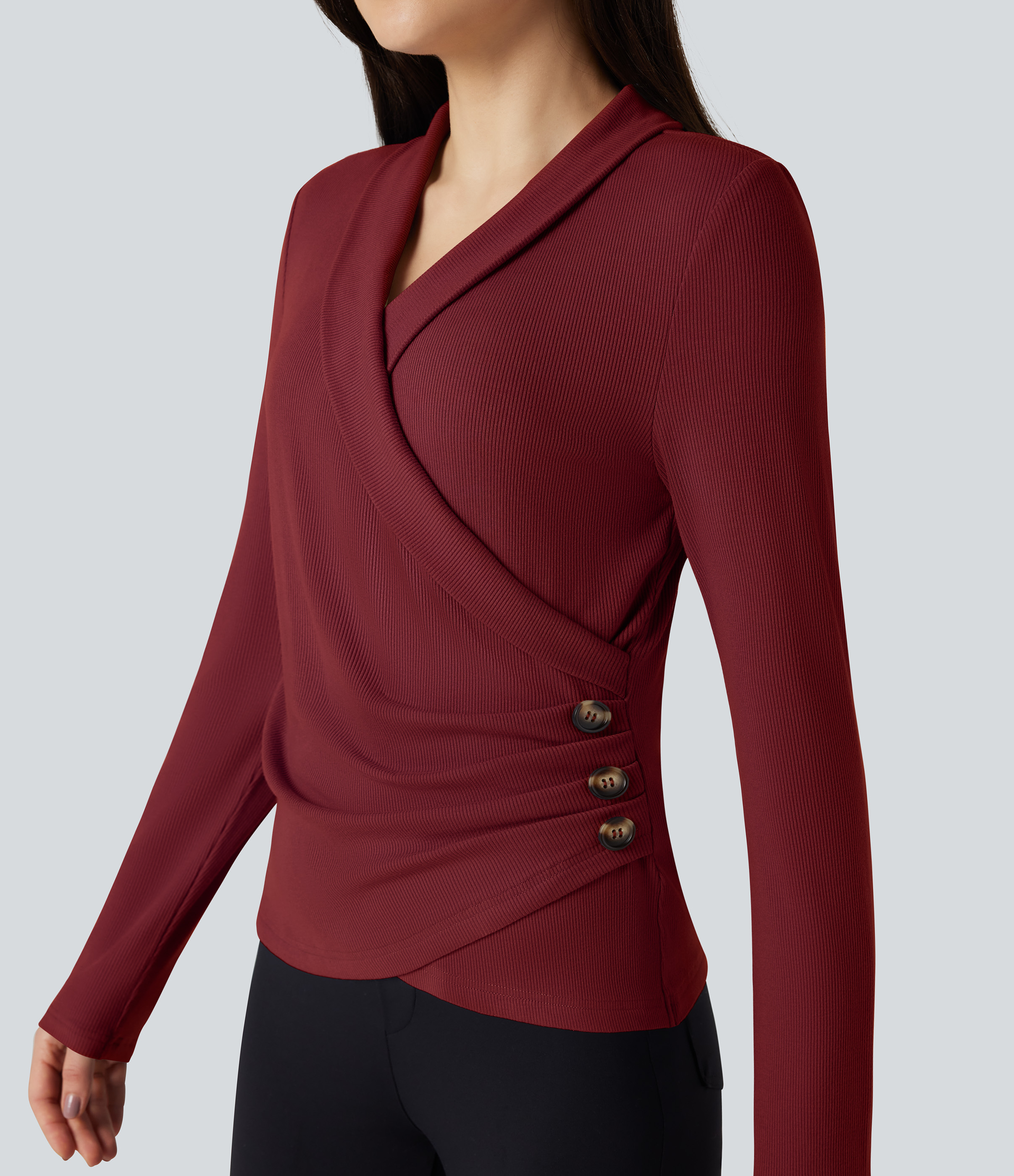 Halara Ribbed Knit V-neck Crossover Long Sleeve Work Top - Merlot