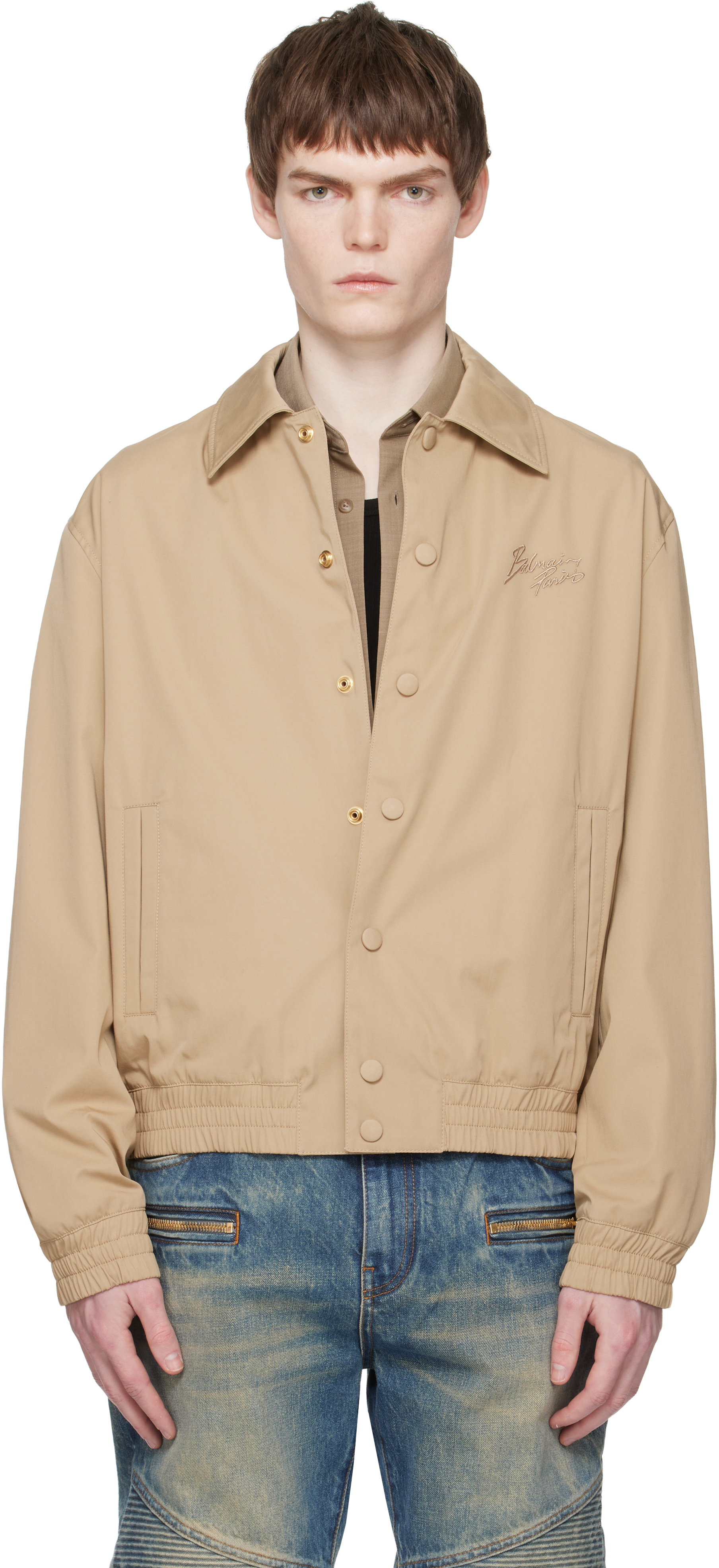 Beige Cotton Twill Bomber Jacket