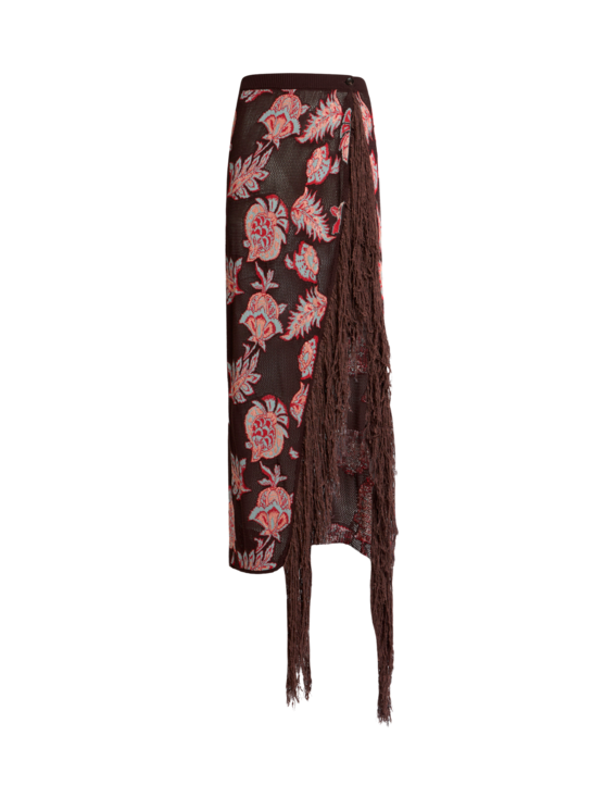 Maxi Skirt In Cotton-blend Jacquard With Fringing And Floral Motif