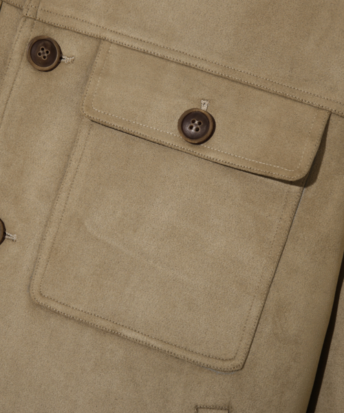 Two Pocket Button Suede Bomber Jacket_Beige