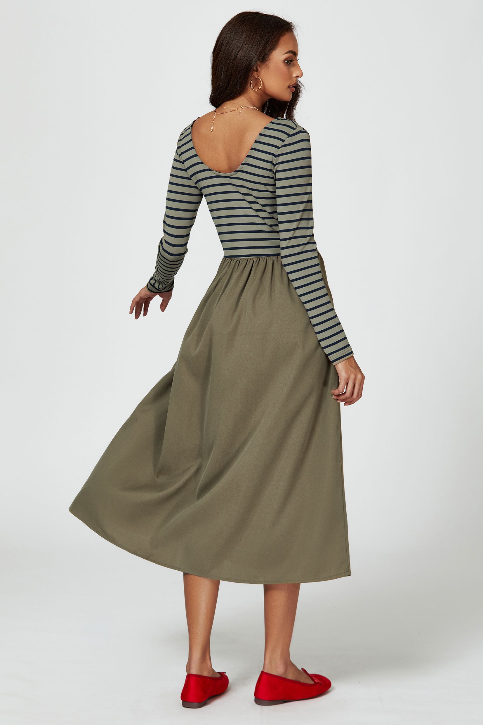 FS Collection Women's Long Sleeve Stripe Midi Dress In Olive | : Mediu
