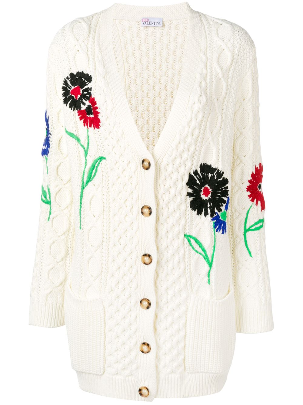 Floral-embroidered cable-knit cardigan - White