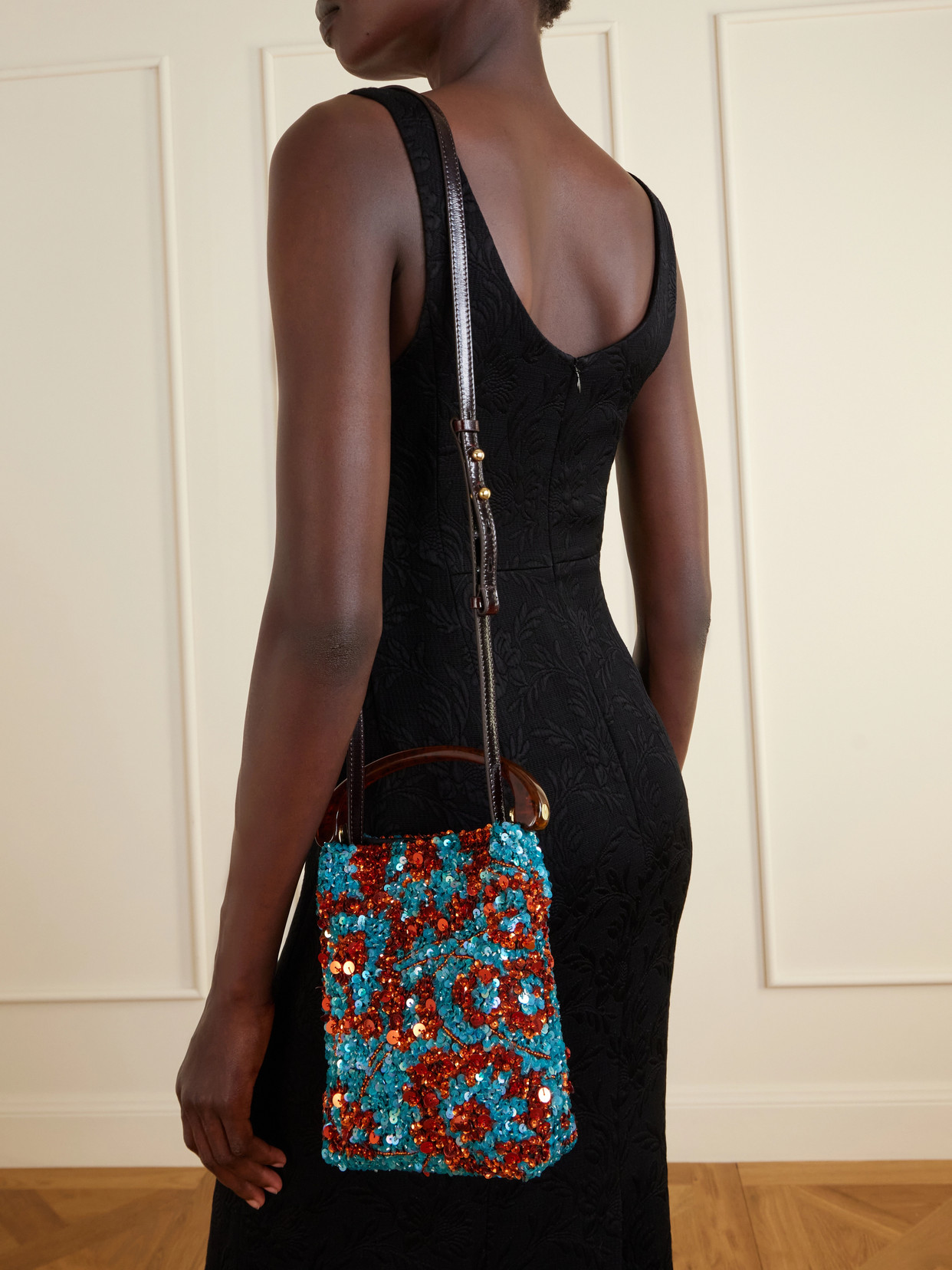 Sequined Satin Shoulder Bag - Blue