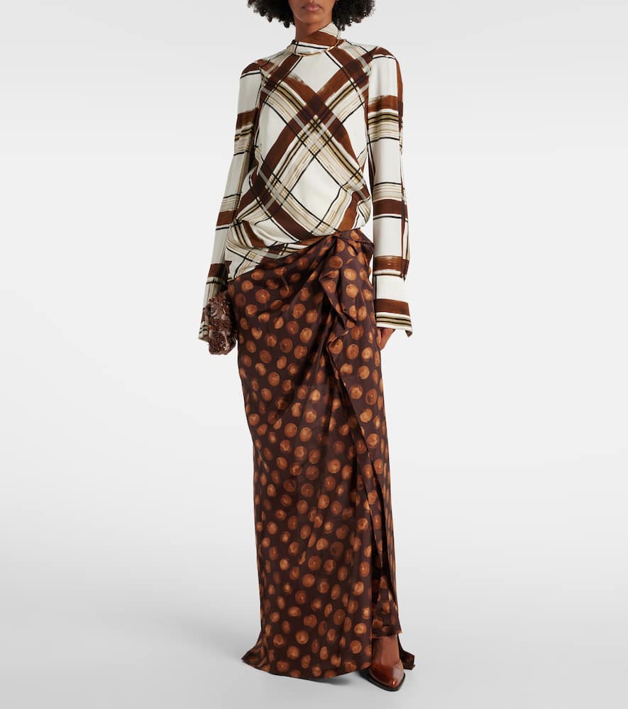 Polka-dot gathered silk maxi skirt
