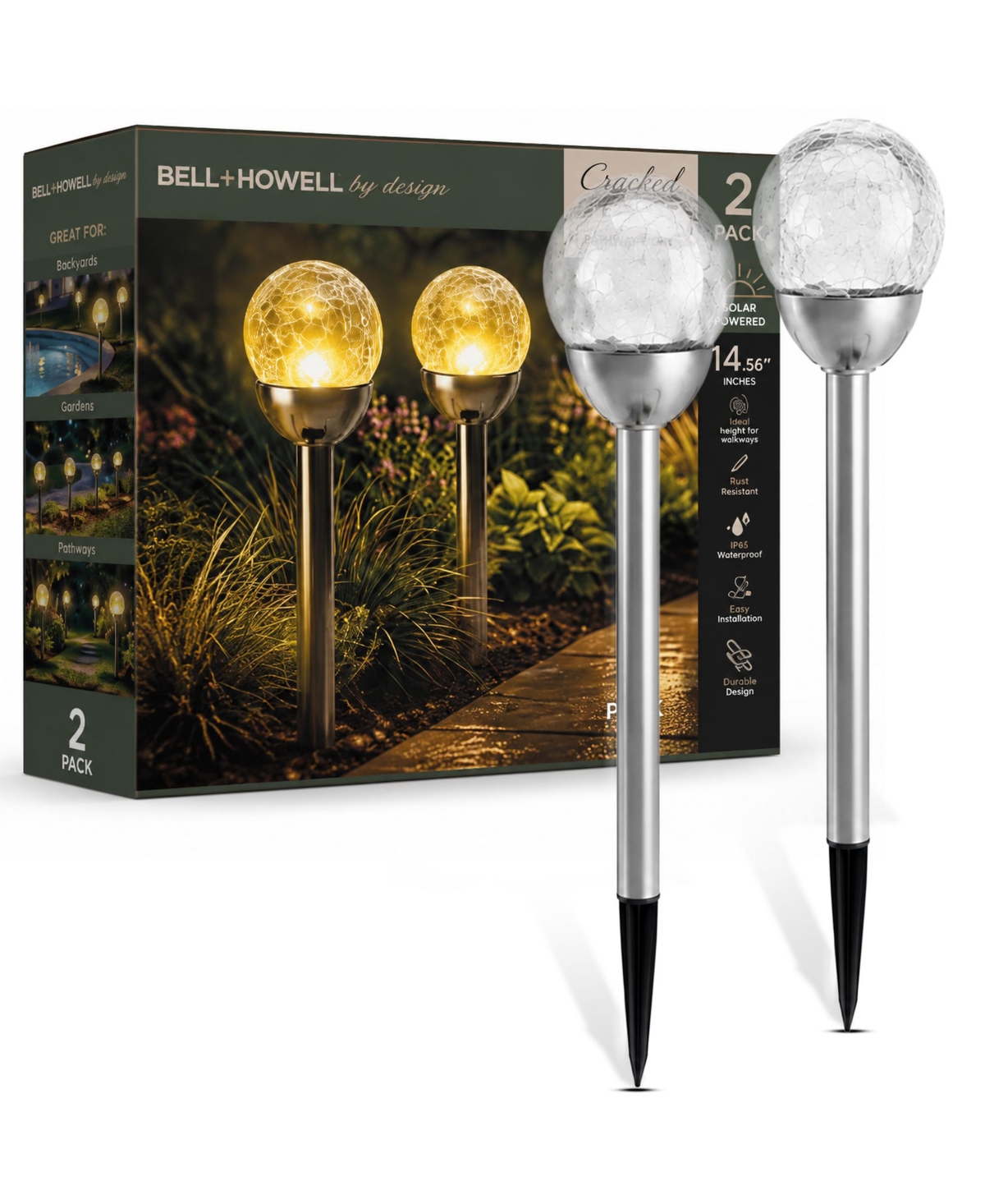 2-Piece Solar Powered Cracked Glass Led Pathway Lights, Weather-Resistant Garden Stakes - Stainless steel