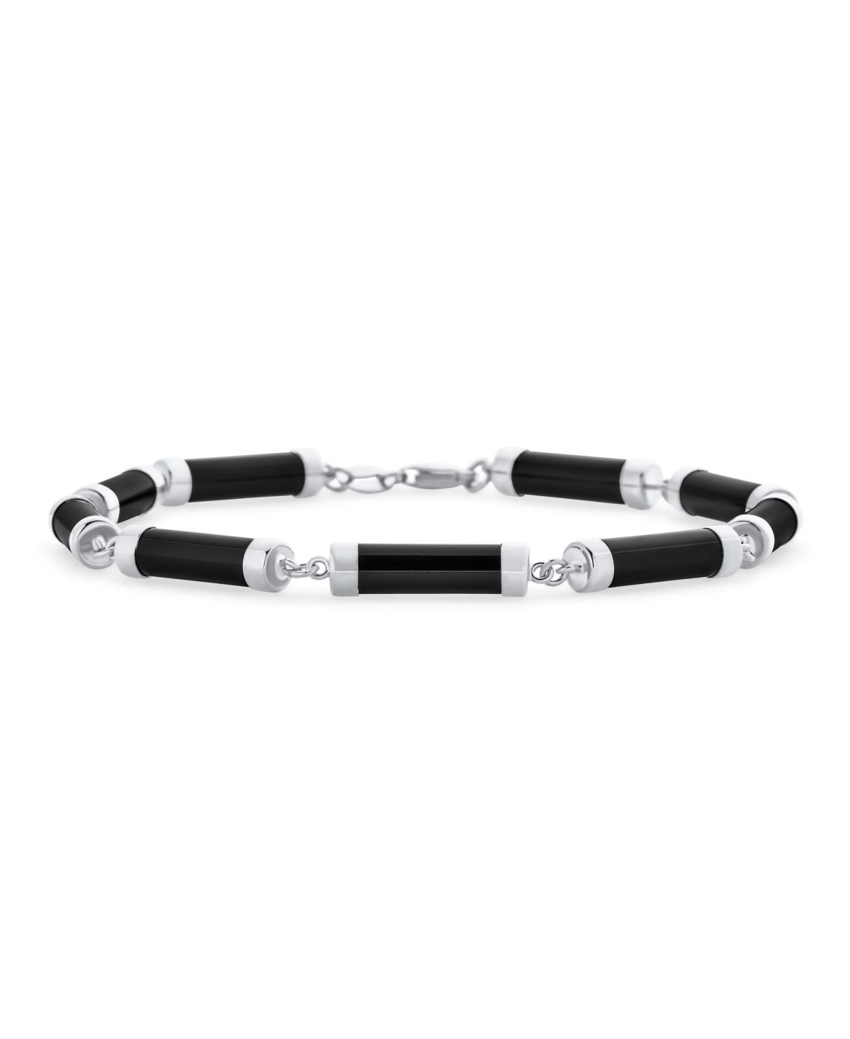 Asian Style Black Natural Onyx Strand Tube Bar Link Bracelet Sterling Silver 7.5 Inch - Black