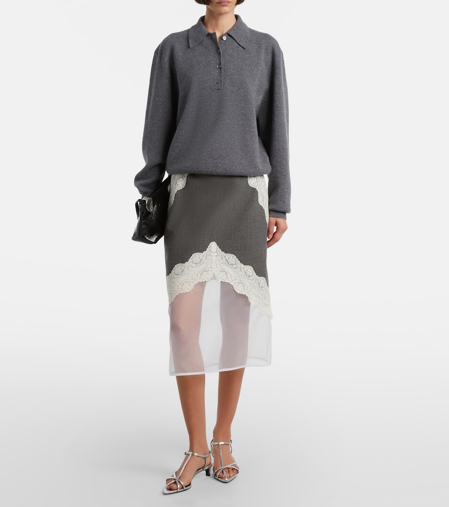 Lace-trimmed wool midi skirt