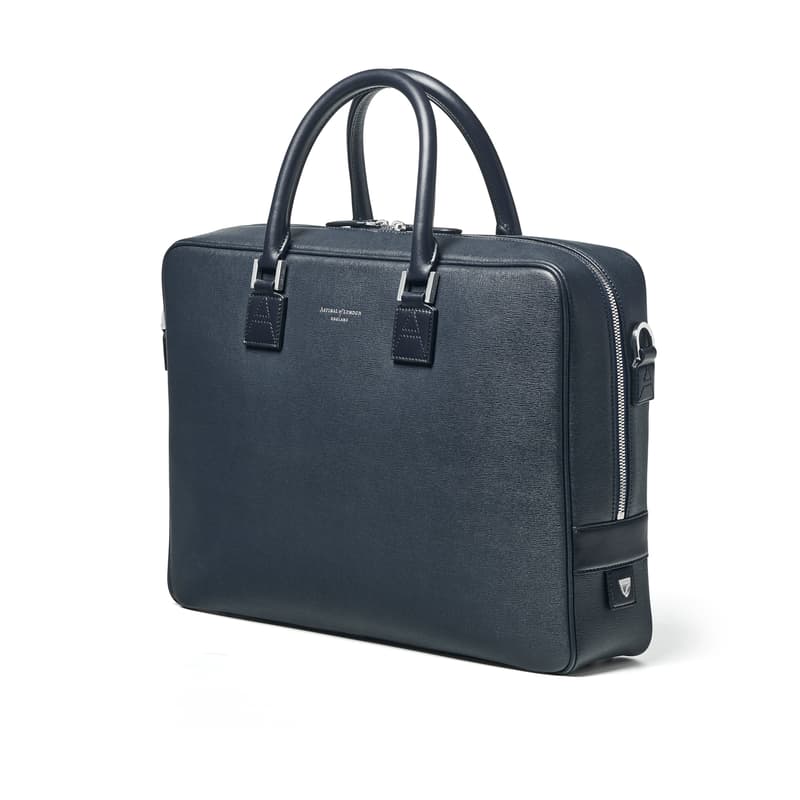 Mount Street Leather Laptop Briefcase Bag in Navy Saffiano