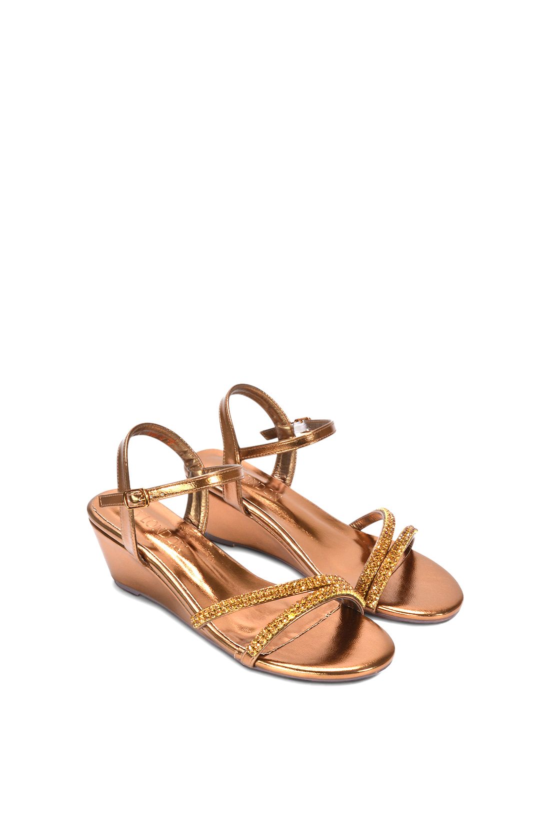 XY London Women's 'Sammy' Diamante Mid Heel Strappy Wedge Sandals in Bronze