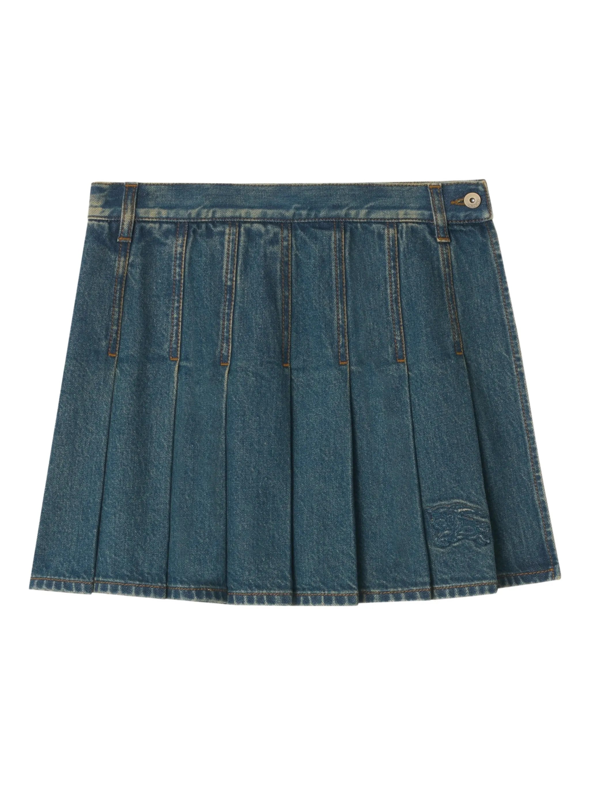 Pleated Denim Mini Skirt with Side Button Closure and Equestrian Knight Hem Embroidery