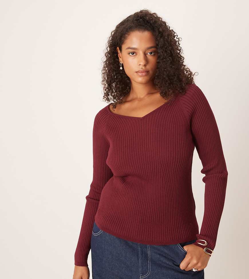 ASOS DESIGN Curve knit structured V-neck top in plum-Purple