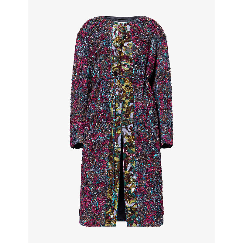 Womens Bead-Embellished Ruffle Woven Coat