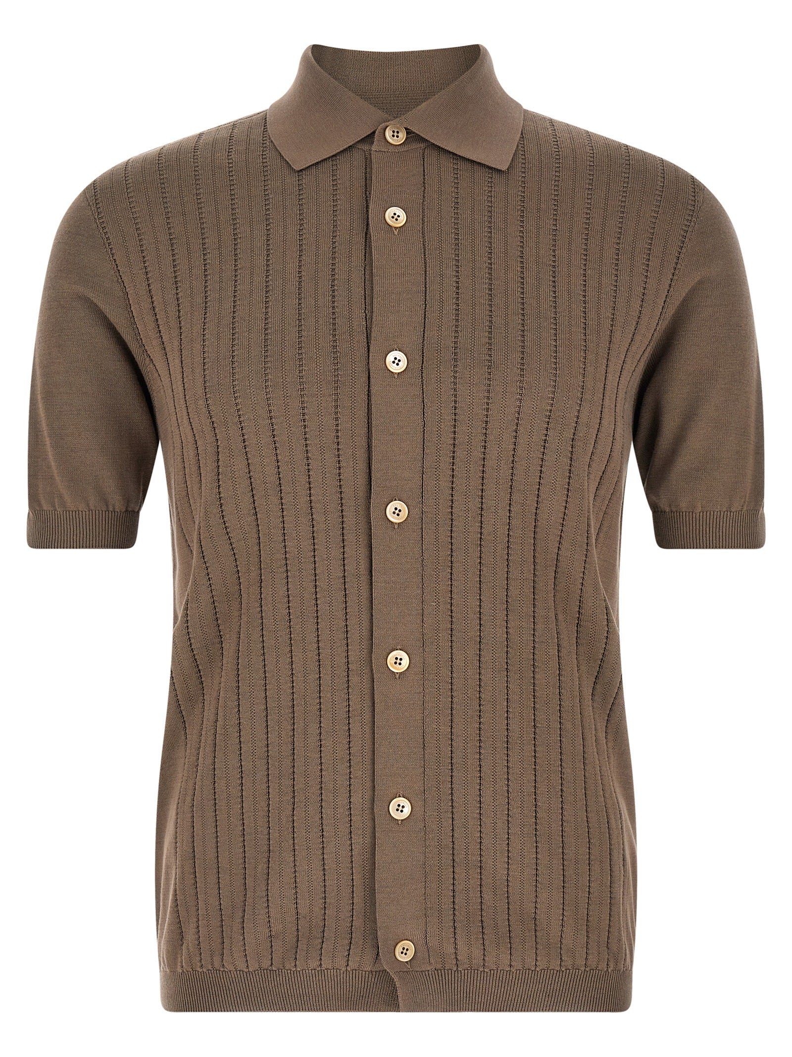 Ribbed Cotton Knit Shirt — Brown
