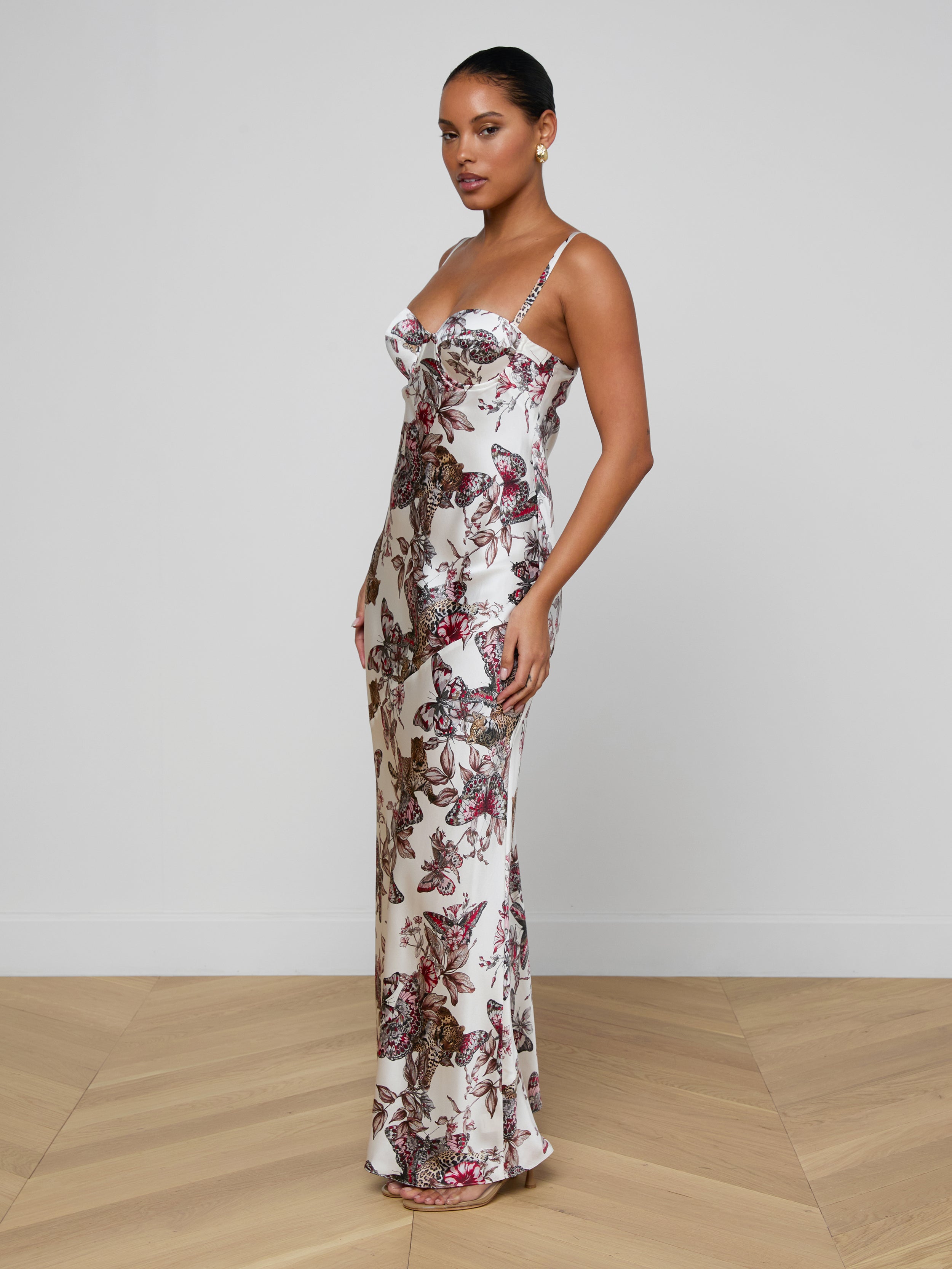 Sayla Silk Gown In White Multi Large Butterfly Jungle