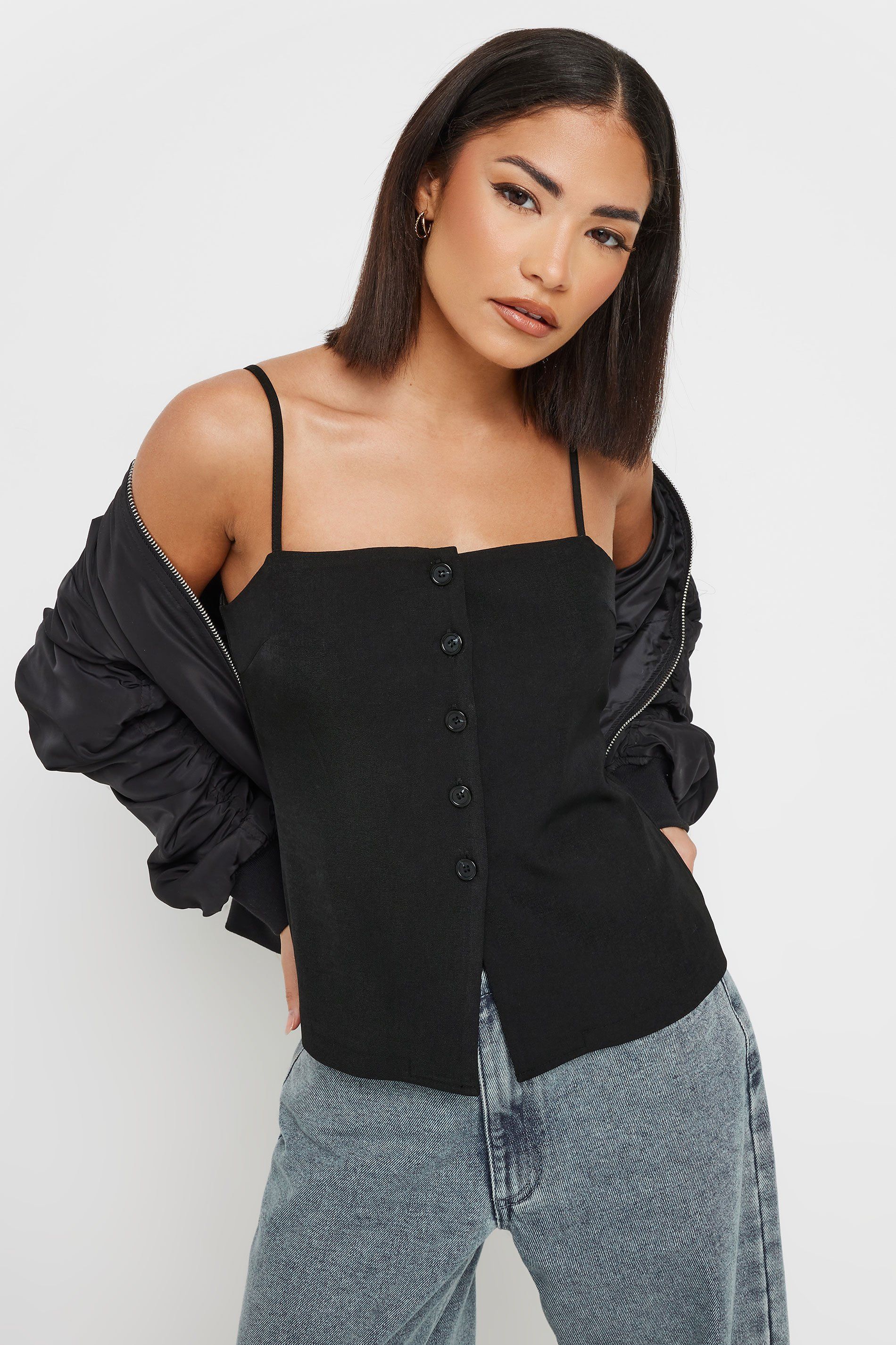 PixieGirl Women's Petite Structured Button Vest Top in Black