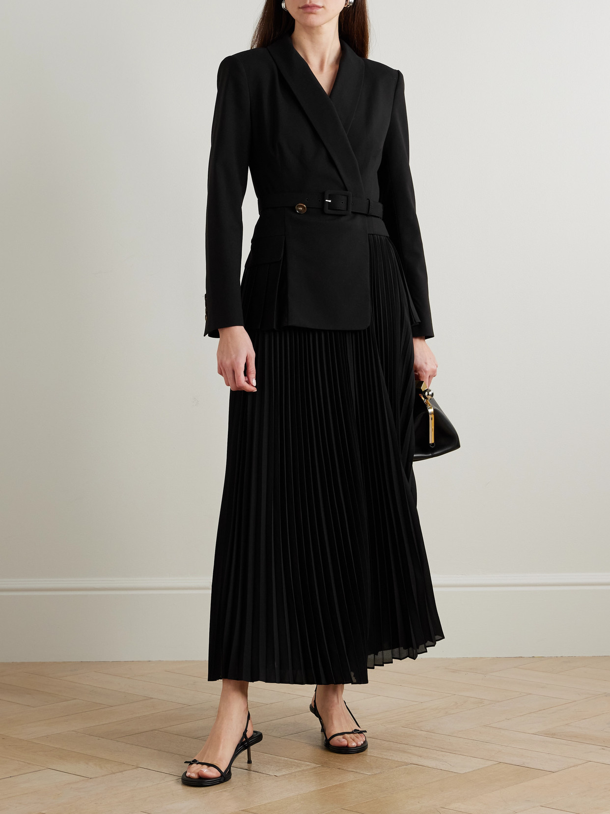 Alexandra Belted Pleated Crepe Midi Dress - Black
