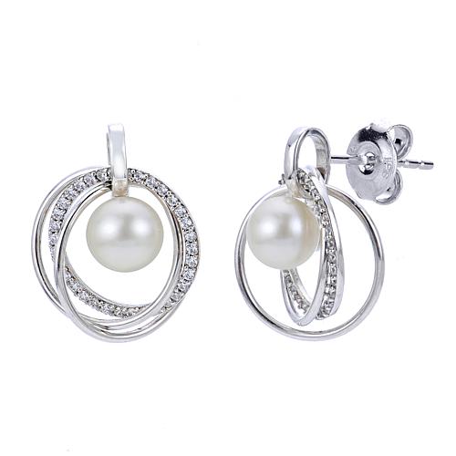 Sterling Silver 6.5-7mm Cultured Pearl and White Topaz Orbit Earrings