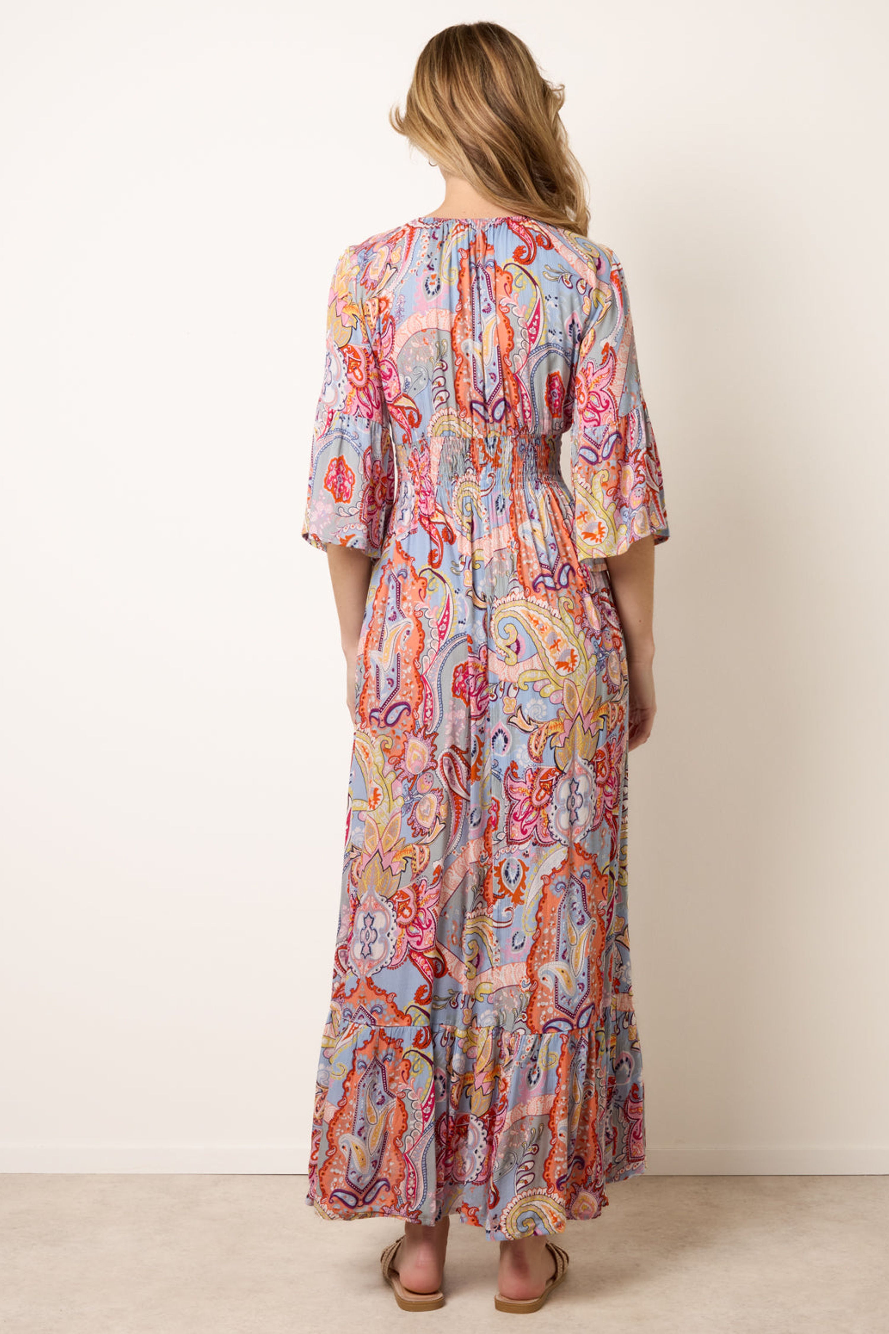 Blue Vanilla Women's Shirred Waist Multi Long Sleeve V-neck Maxi Dress | : Large