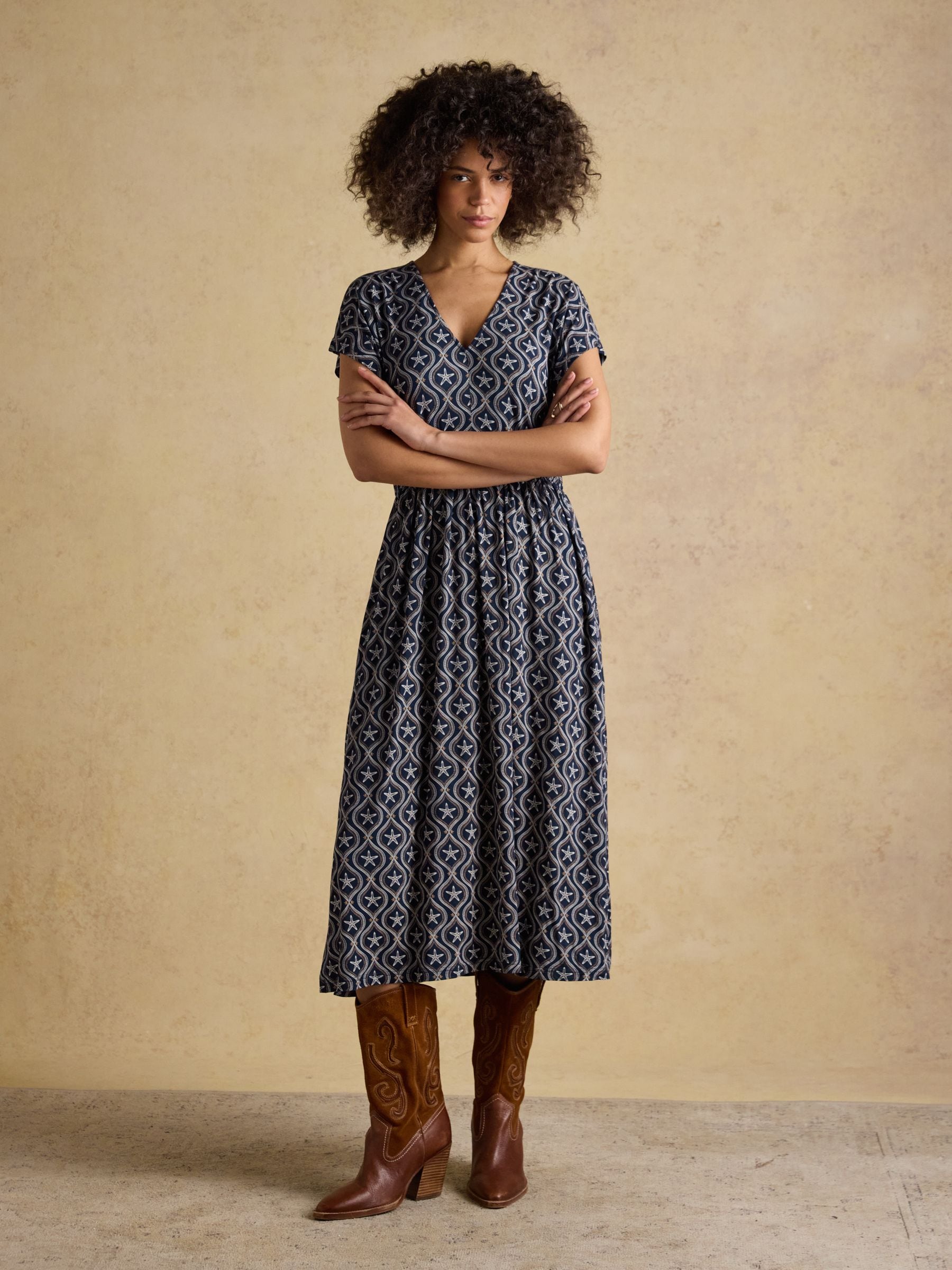 Nia Navy Short Sleeve Jersey Midi Dress