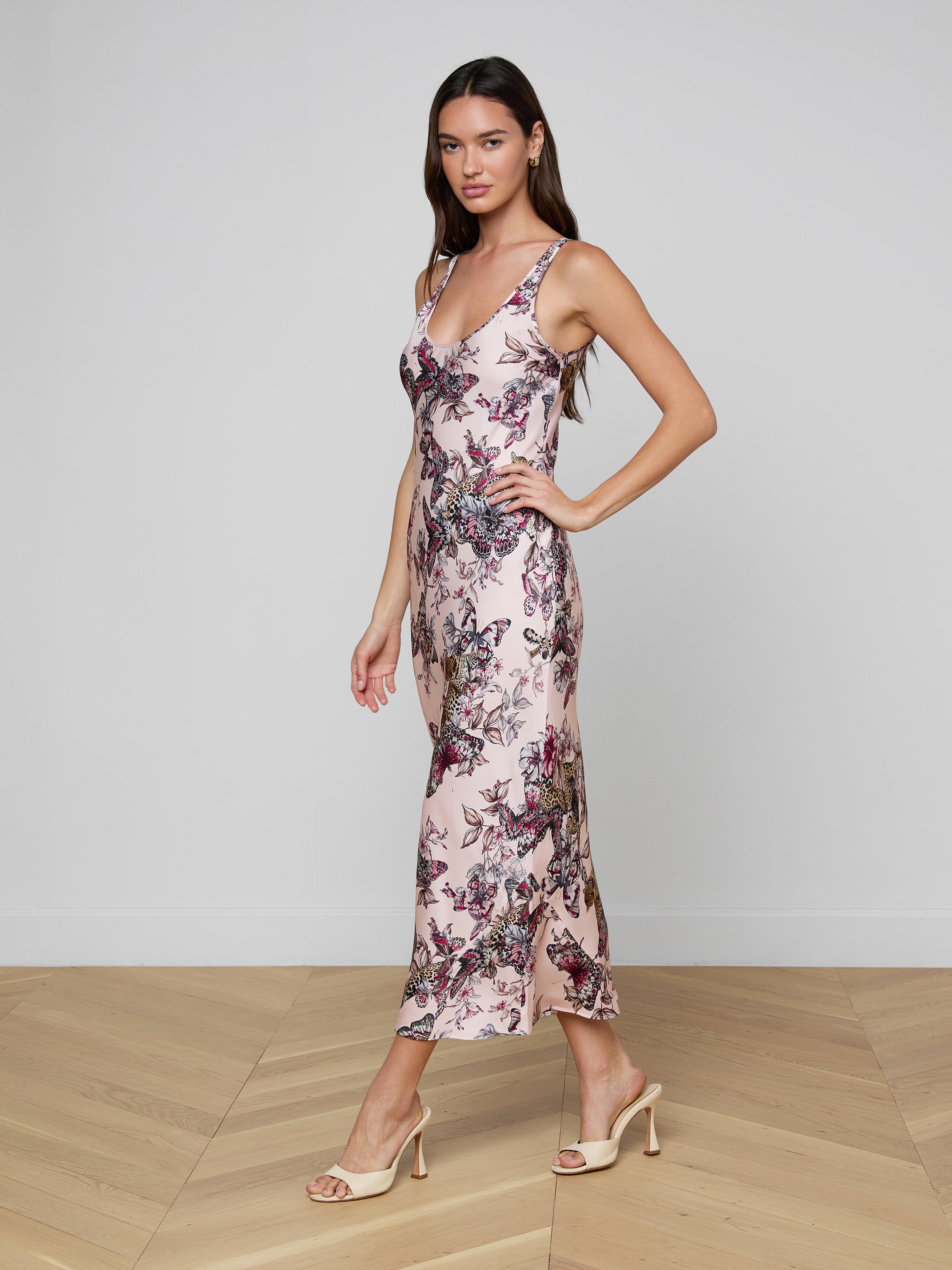 Akiya Satin Maxi Dress In Light Nectar Pink Multi Large Butterfly Jungle