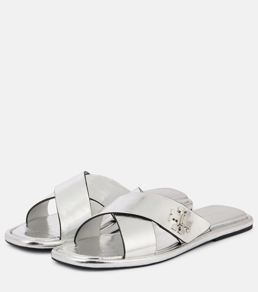 Tory Burch T Lock metallic leather slides