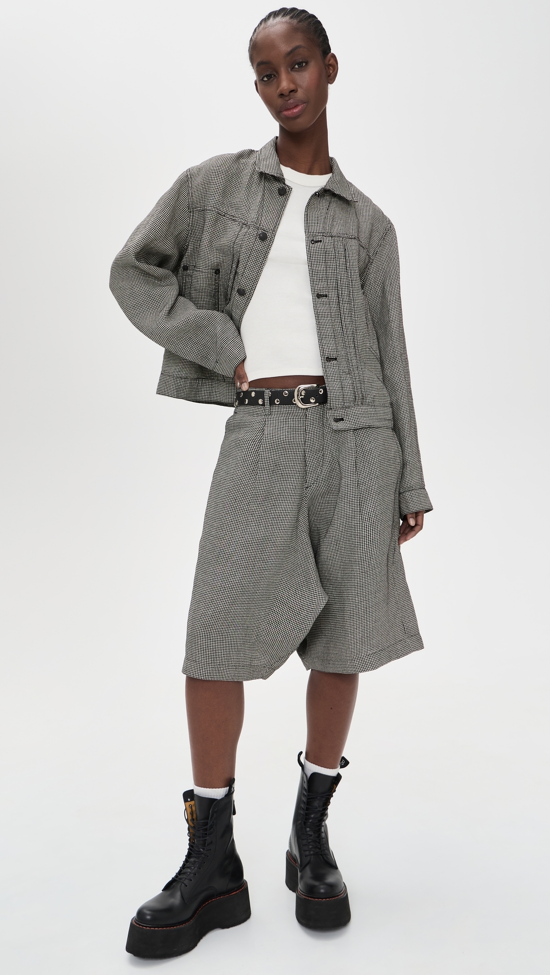 Relaxed Pleated Trucker Jacket Black And White Houndstooth