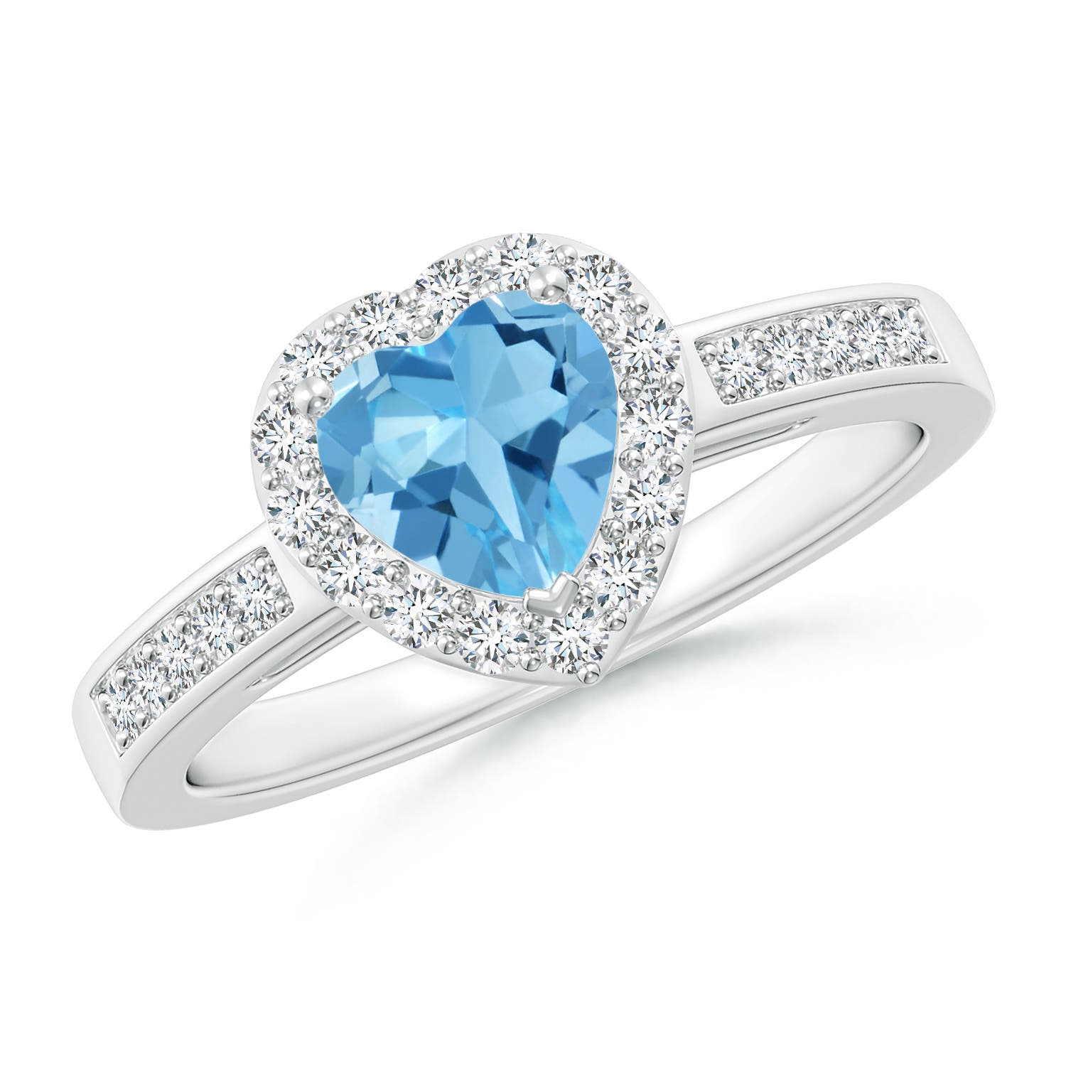 Angara 0.92 Carat Heart-Shaped Swiss Blue Topaz Halo Ring with Diamond Accents in Platinum