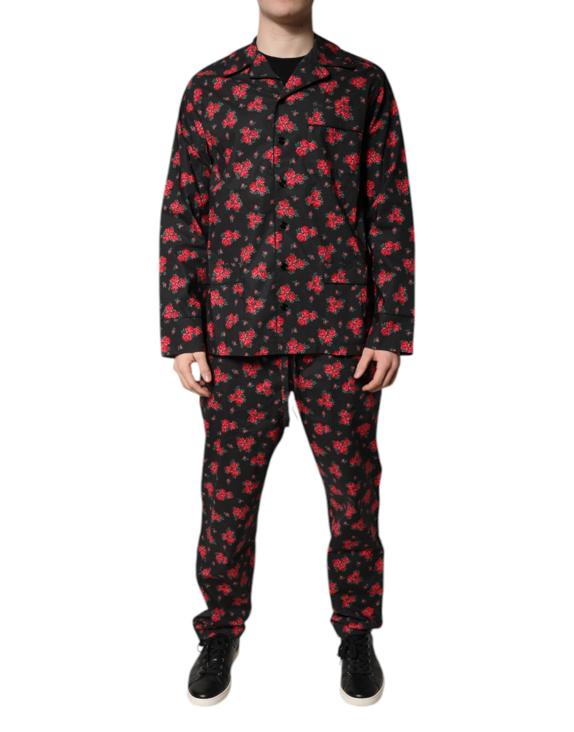 Floral Print Cotton Pajama Set — Black