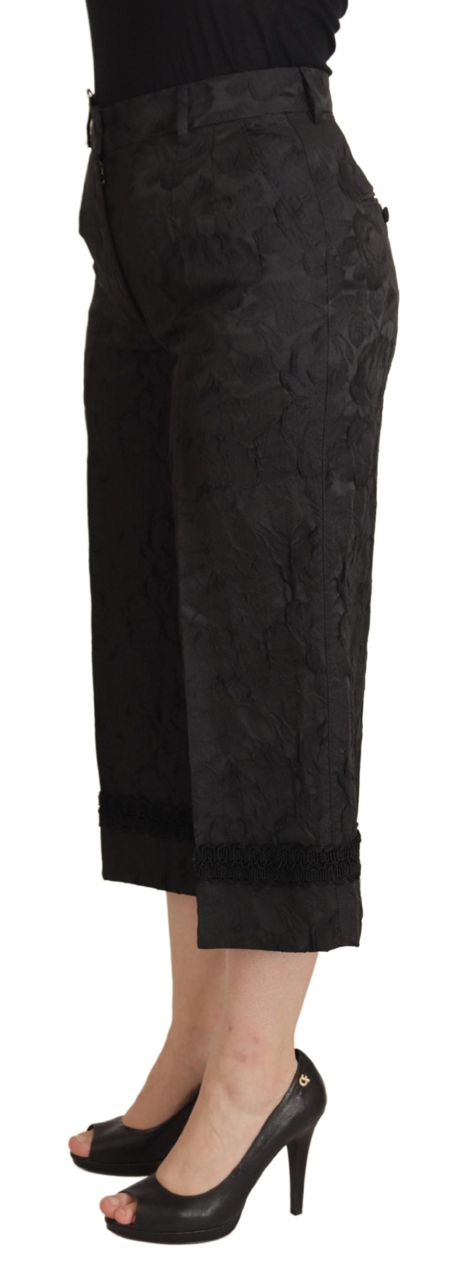 Brocade High-Waist Cropped Trousers — Black