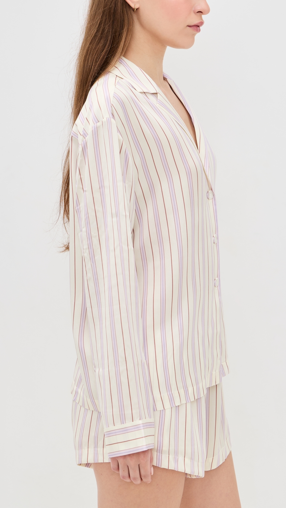 Washable Silk Button Up Short Set Wisteria Stripe